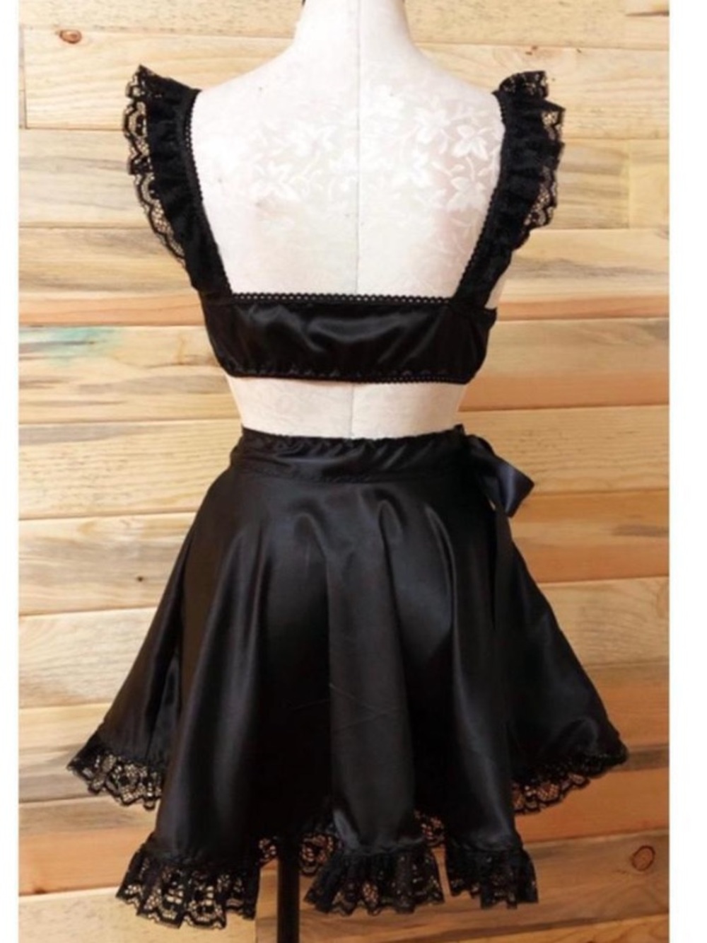 Handmade Elegant Black Satin Circle Skirt with Lace Trim